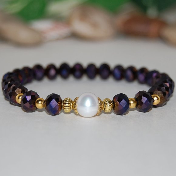 Pearl Bracelet,Purple Bracelet,8mm Purple Glass Beads,Bracelet Support,Awareness - Picture 1 of 3